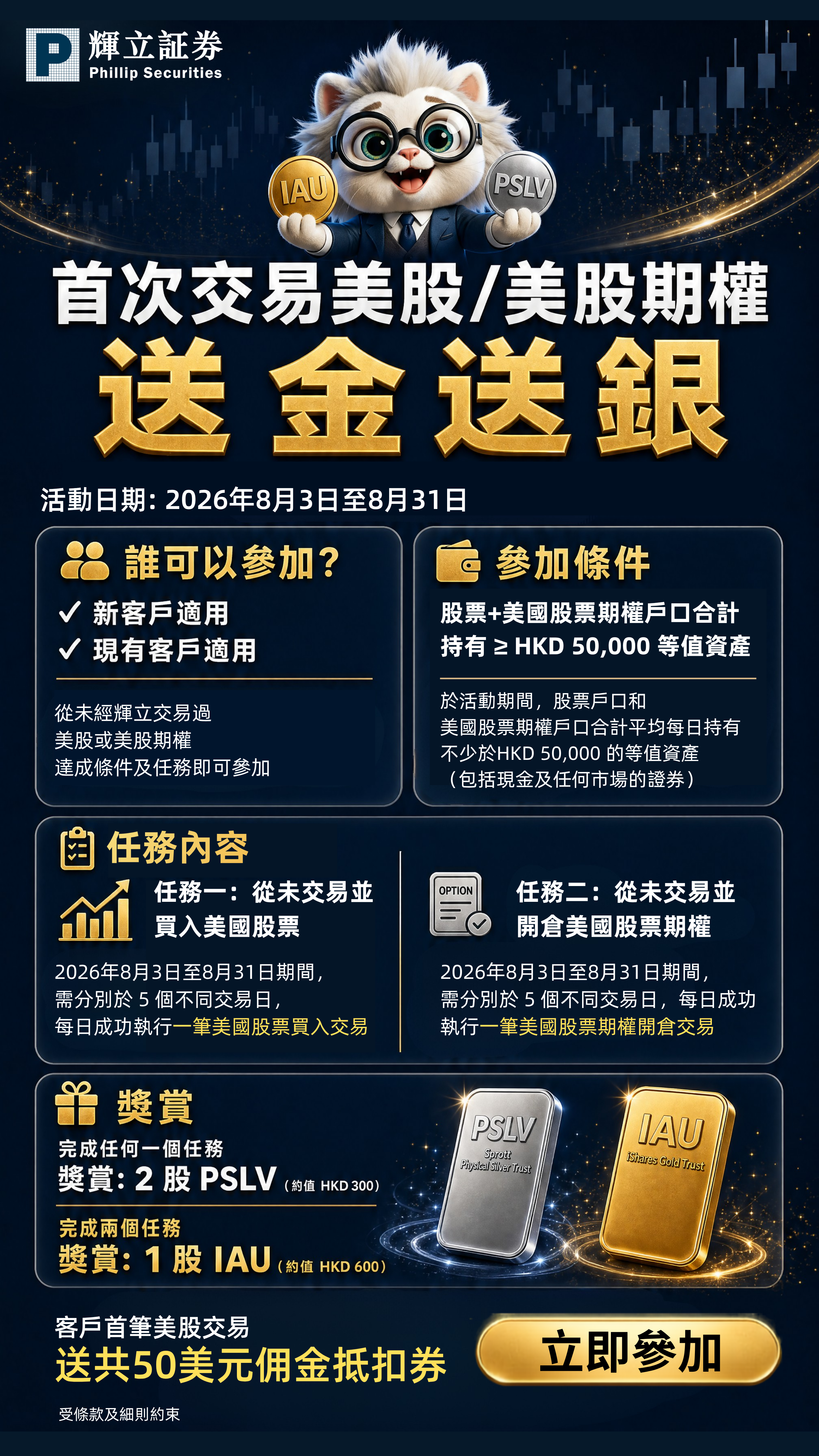 首次交易美股/美股期權 送金送銀
